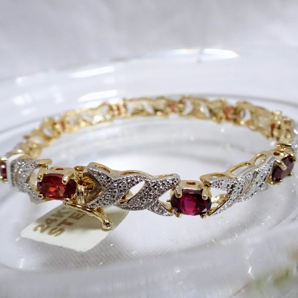 NWT January Birth Stone Garnet Diamond 24KT Gold .925 Silver Tennis Bracelet - Picture 13 of 13